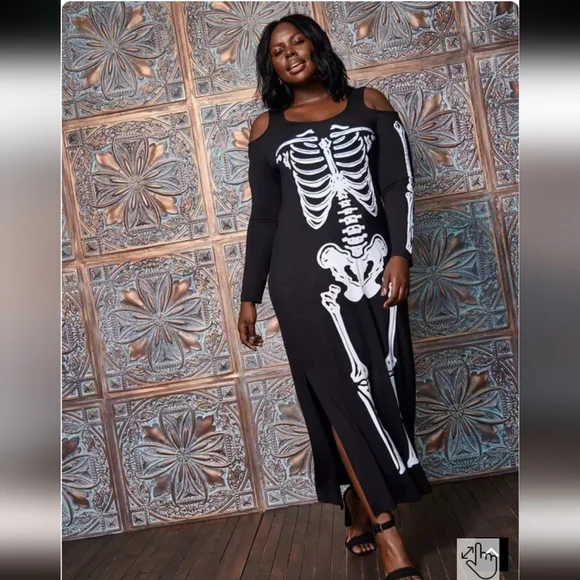 fitted lace wedding dress Scary Skeleton Print Polyester Maxi Dress – Grave Digs main image 0